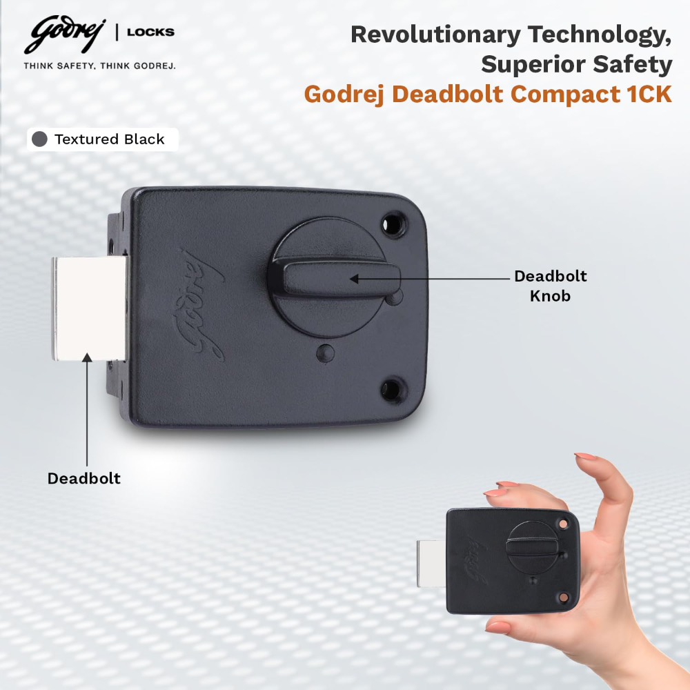 Godrej Rim Lock I Deadbolt Compact I 1CK Deadbolt I for Inside Opening Wooden Main Door | Left Right Handed Doors I 3 Keys I 1 Years Warranty I Textured Black Finish